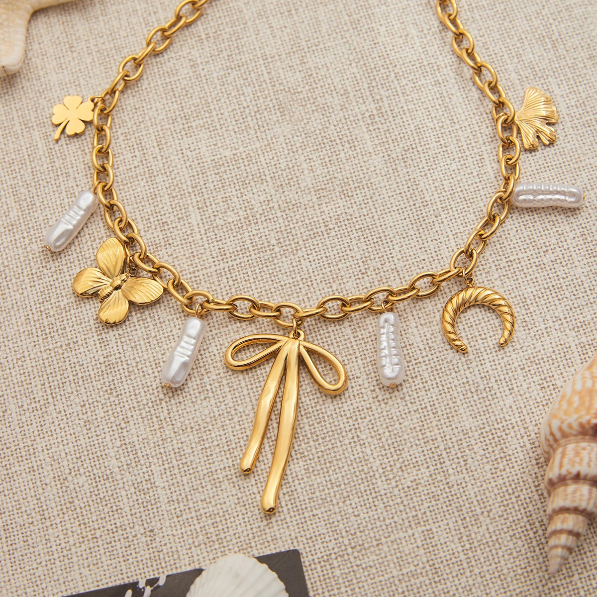 Ribbon Pearl Charm Necklace