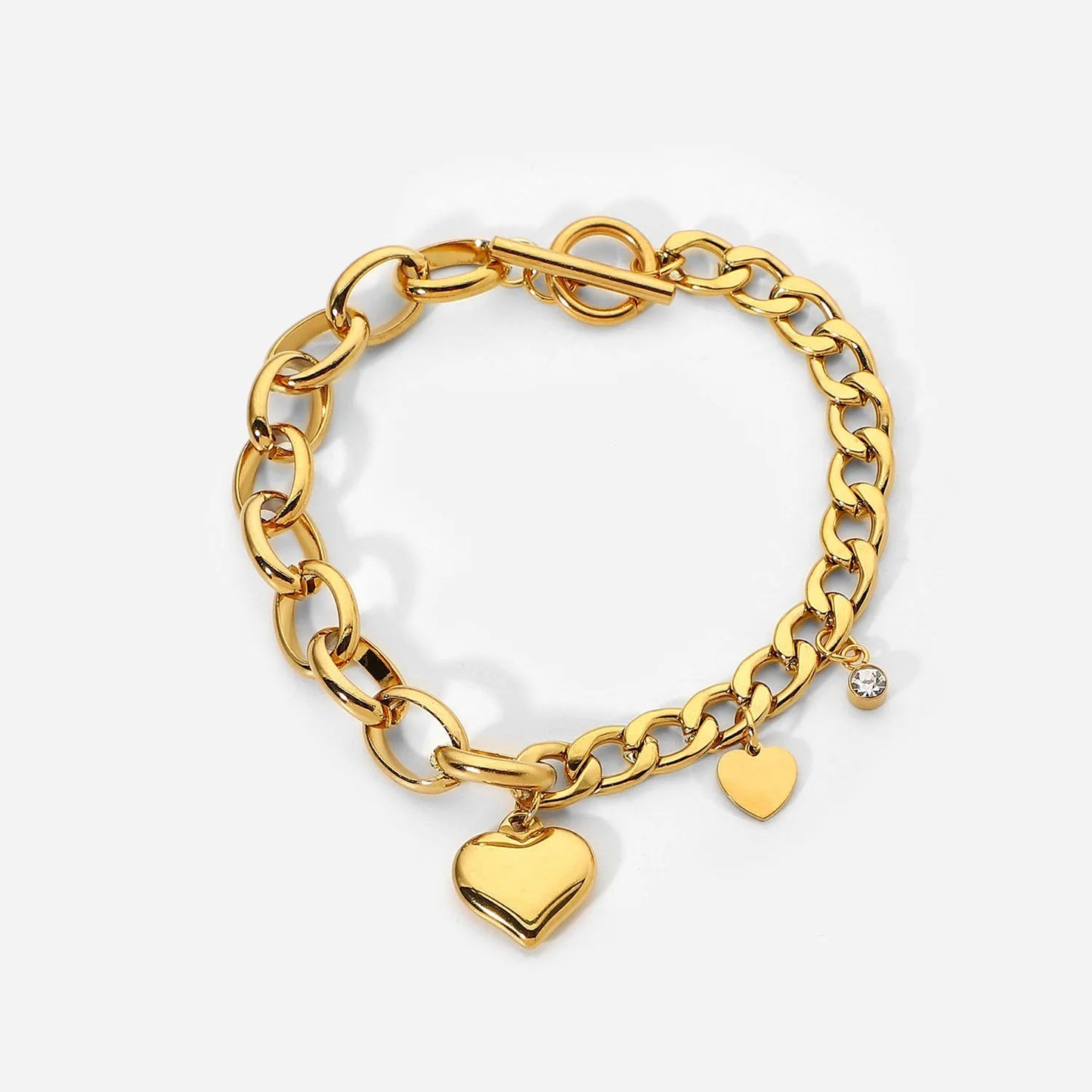 Cuban Chain Heart Bracelet With Zircon/Heart Charm - 18K Gold Plating