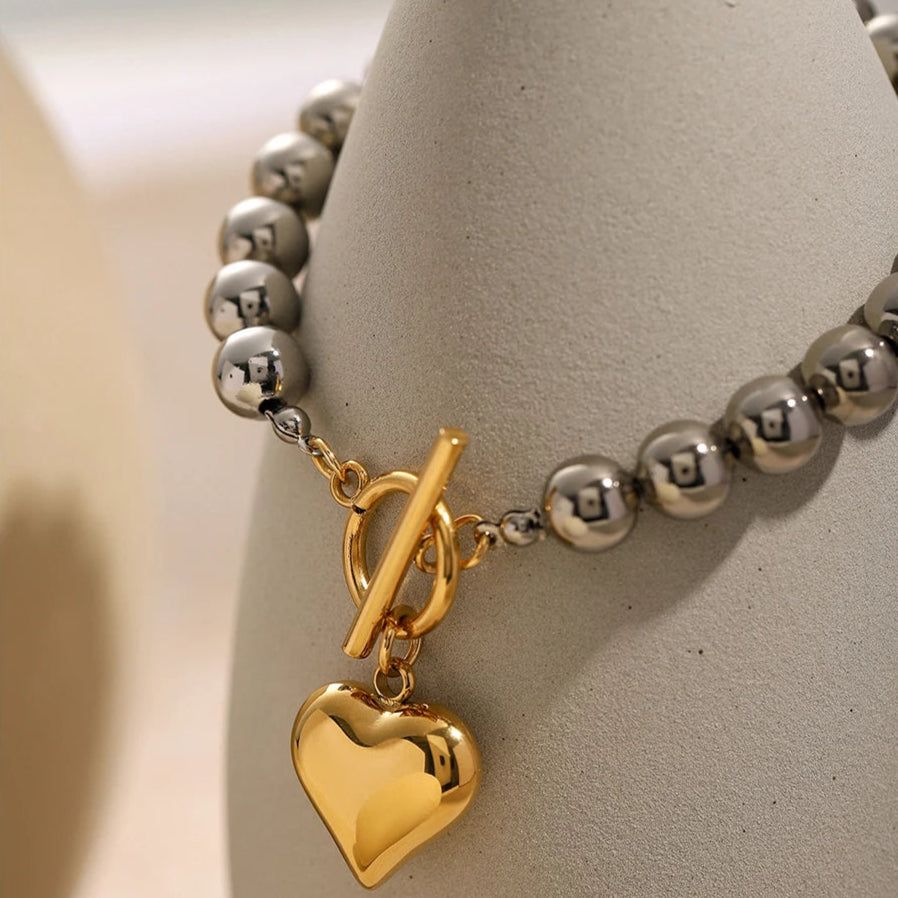 Silver Beads & Golden Heart Charm Bracelet