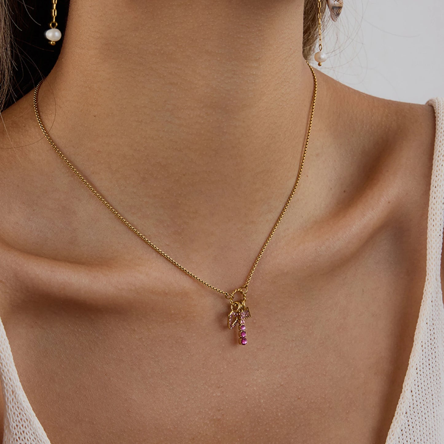 Pink Zirconia Gems Center Charm Necklace
