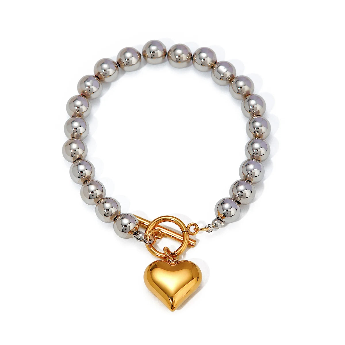 Silver Beads & Golden Heart Charm Bracelet