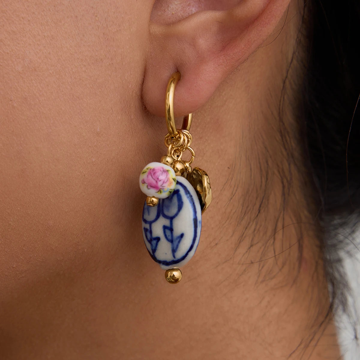 Ceramics Flower Heart Pearl Dangle Earrings