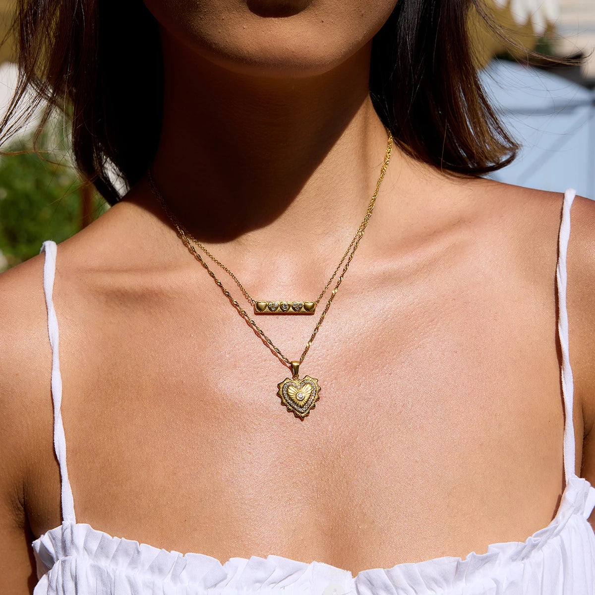 Cubic Zirconia & Bar Heart Necklaces