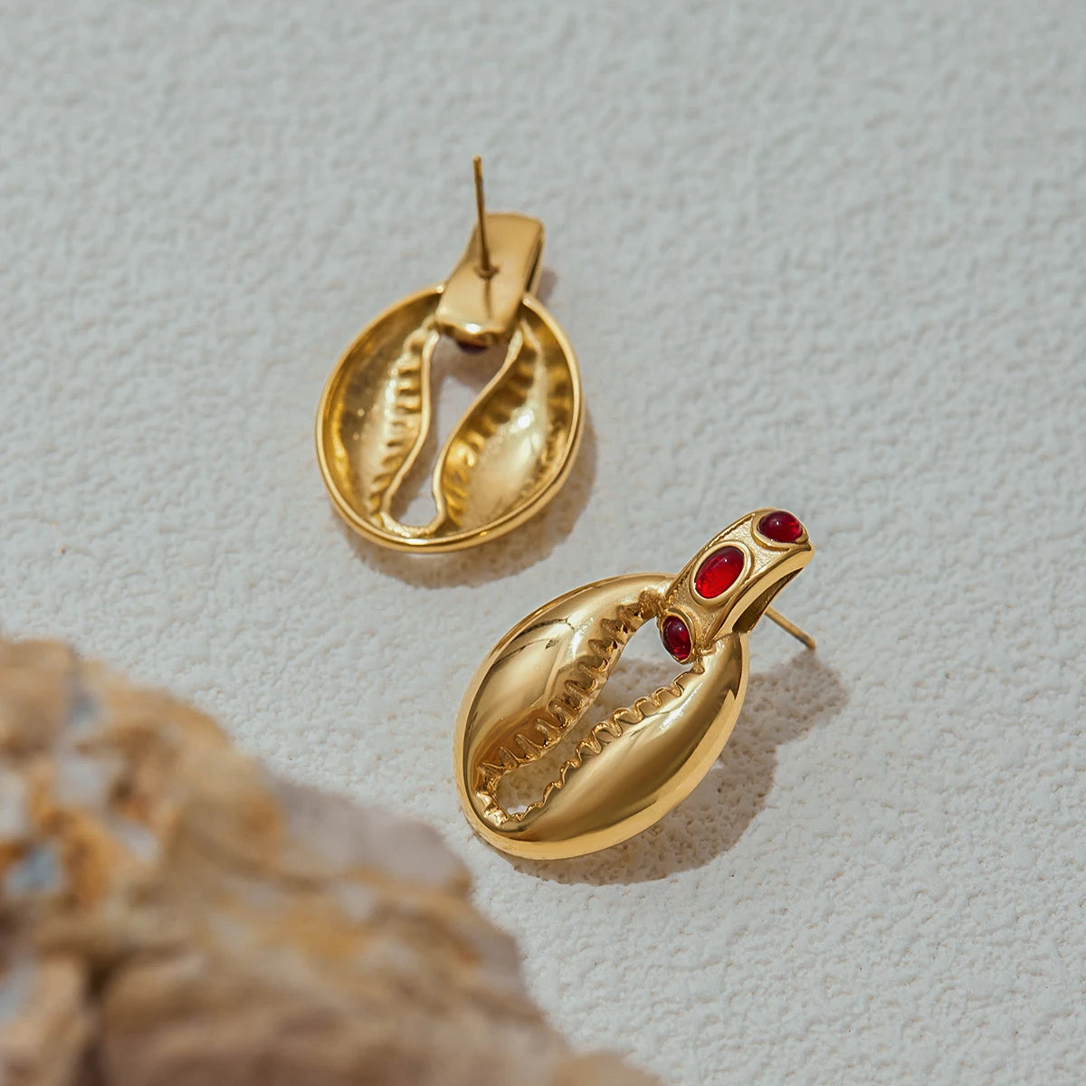 Natural Red Stones & Shells Drop Earrings