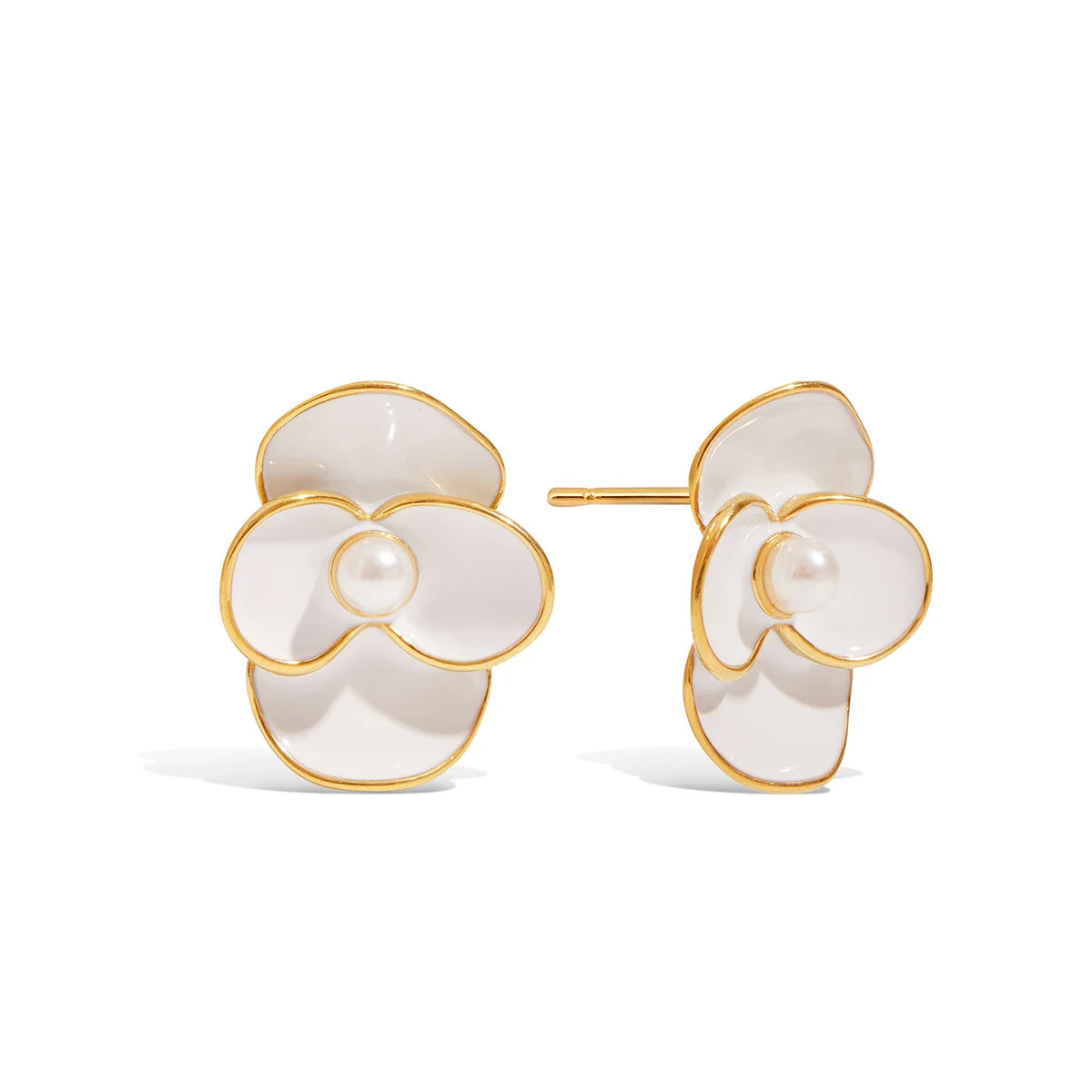 White Flower Petal Pearl Stud Earrings