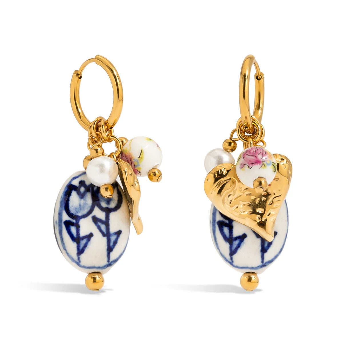 Ceramics Flower Heart Pearl Dangle Earrings