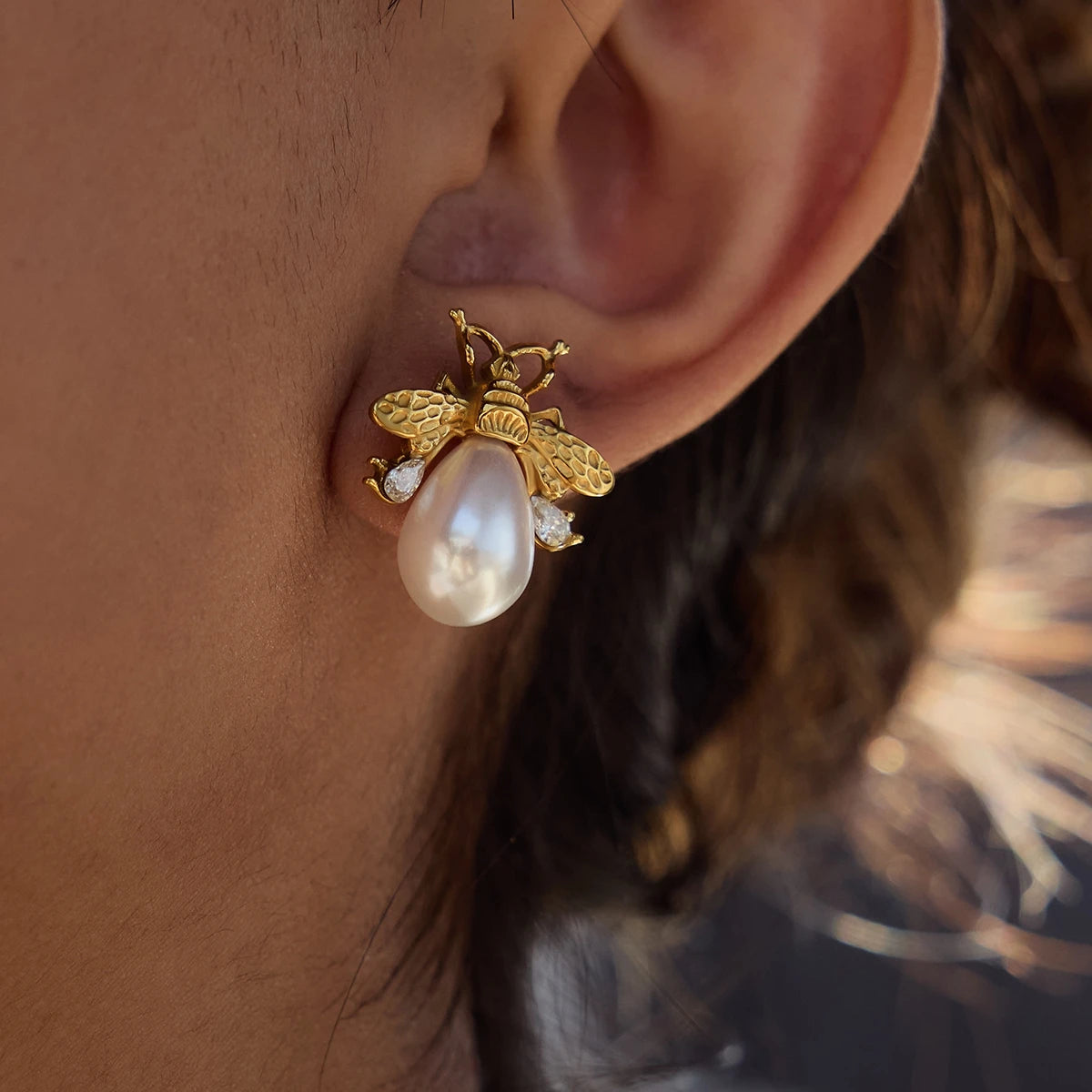 Bee-shaped Pearl & Gemstone Stud Earrings