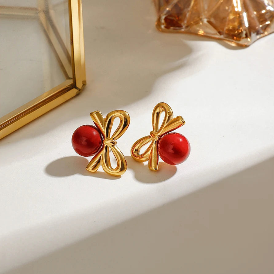 Red Glass Stone Bow Earrings