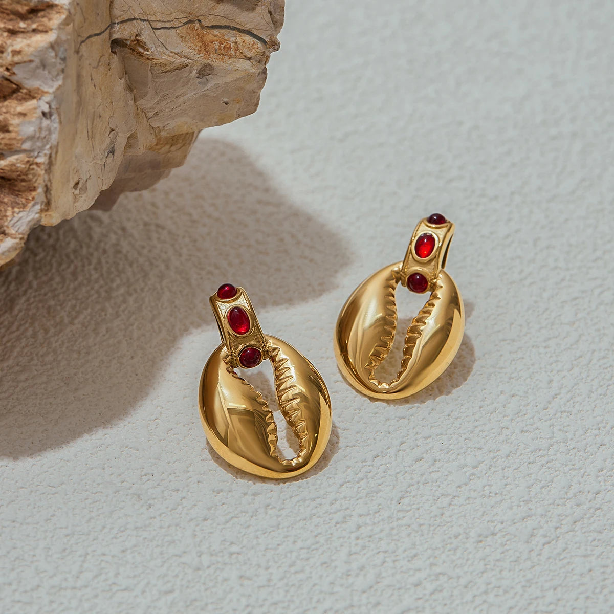 Natural Red Stones & Shells Drop Earrings