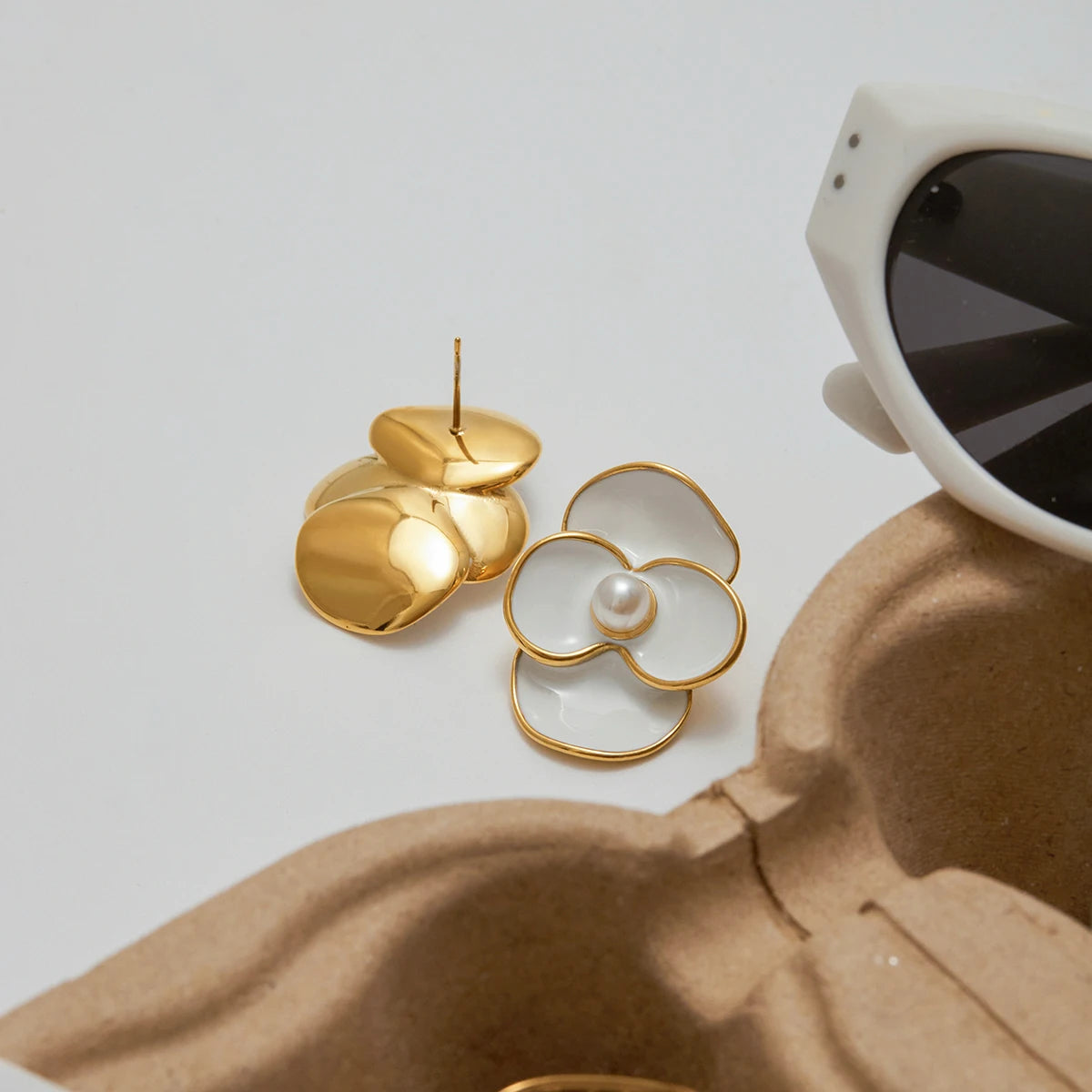 White Flower Petal Pearl Stud Earrings