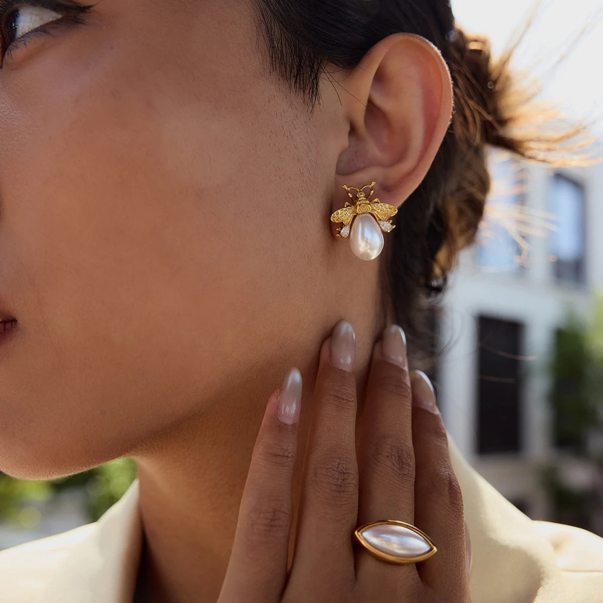 Bee-shaped Pearl & Gemstone Stud Earrings