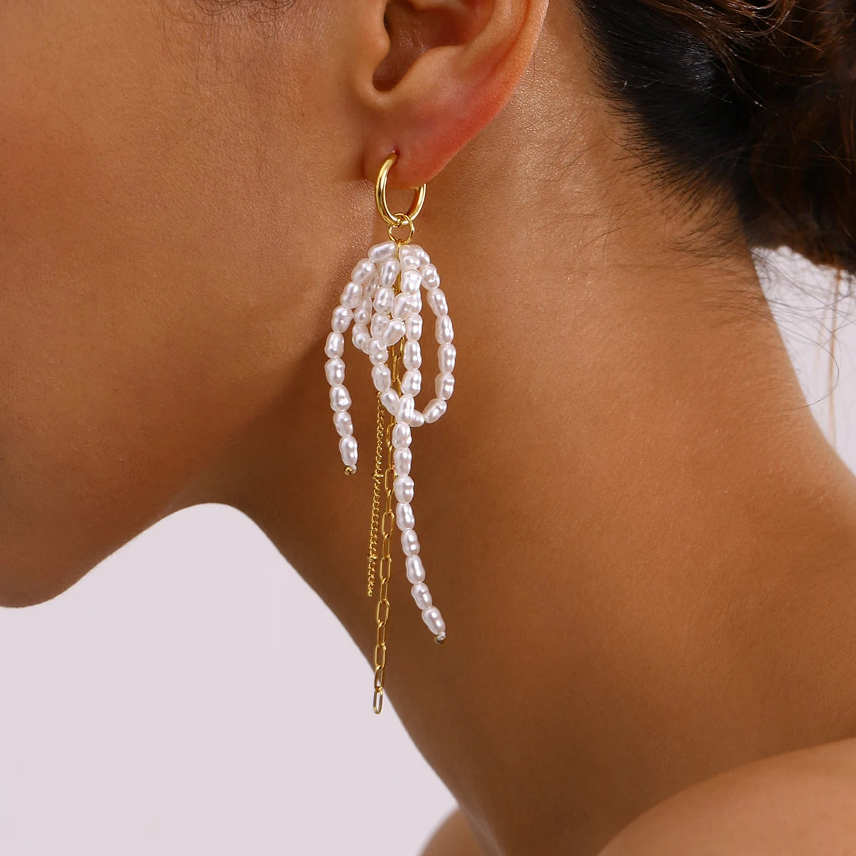 Pearl Bow Tassel Earrings