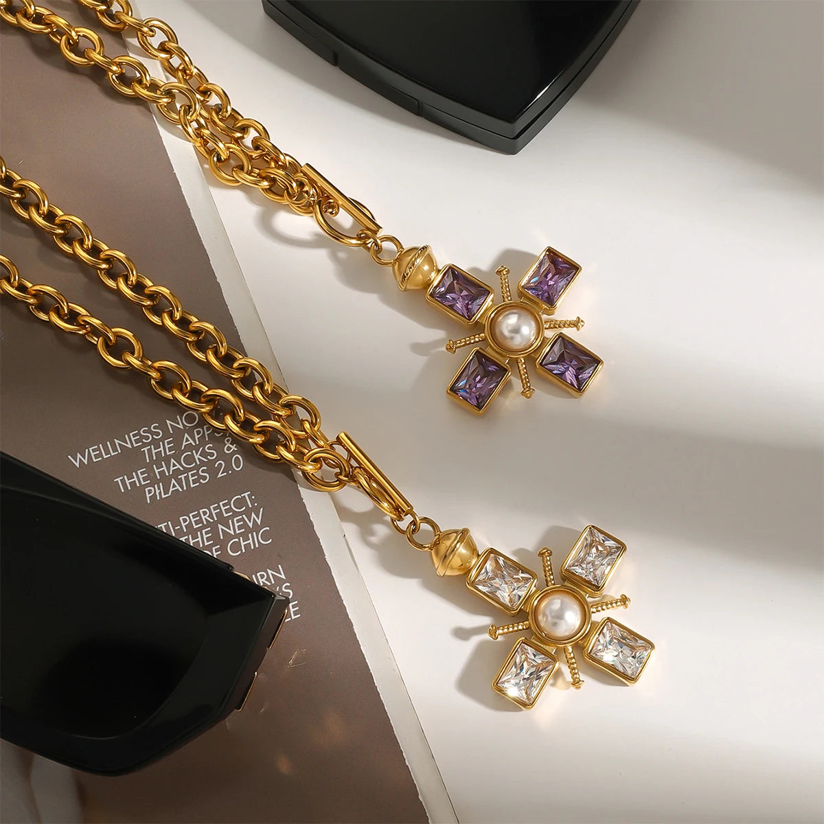 Rhinestone Pearl Cross Necklace Bundle