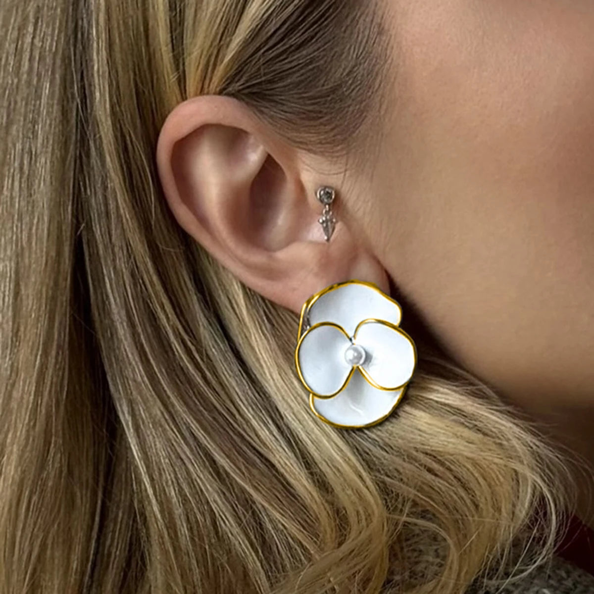 White Flower Petal Pearl Stud Earrings