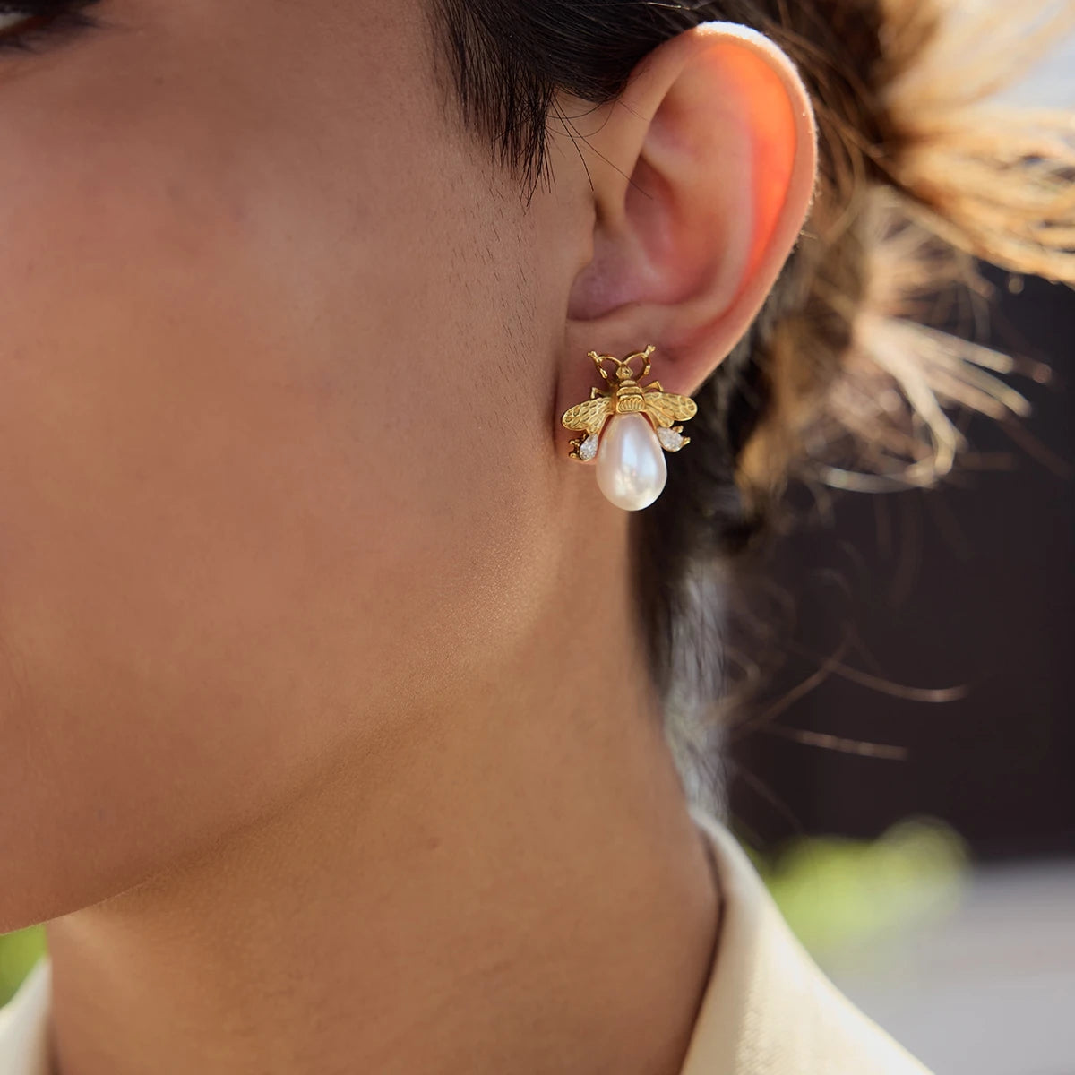 Bee-shaped Pearl & Gemstone Stud Earrings