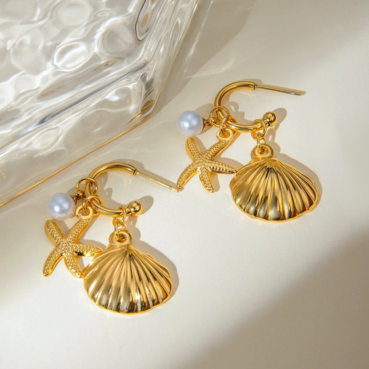 Pearls Starfish Shell Hoop Earrings