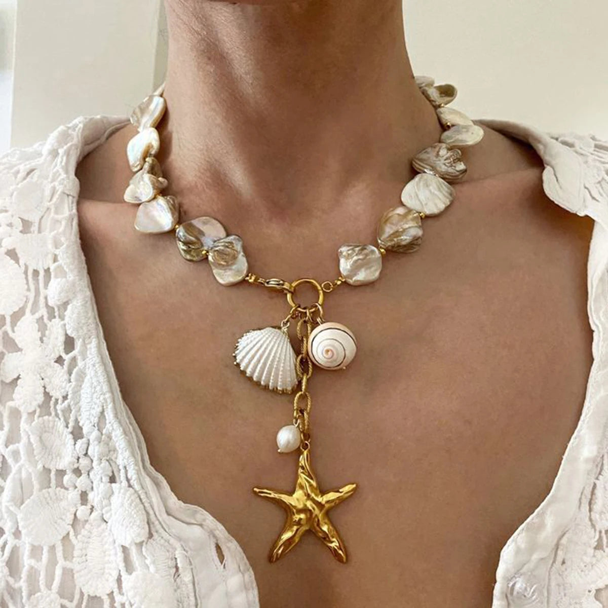 Ocean Seashells, Stone & Starfish Charm Necklace