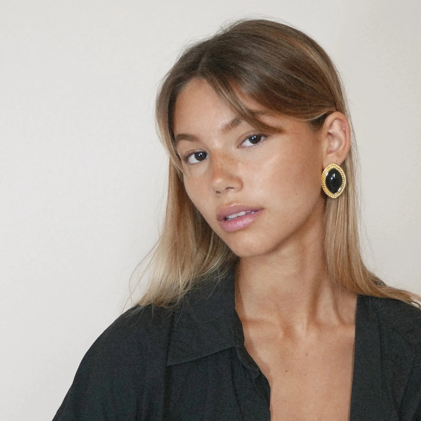 Black Onyx Horse Eye Stud Earrings