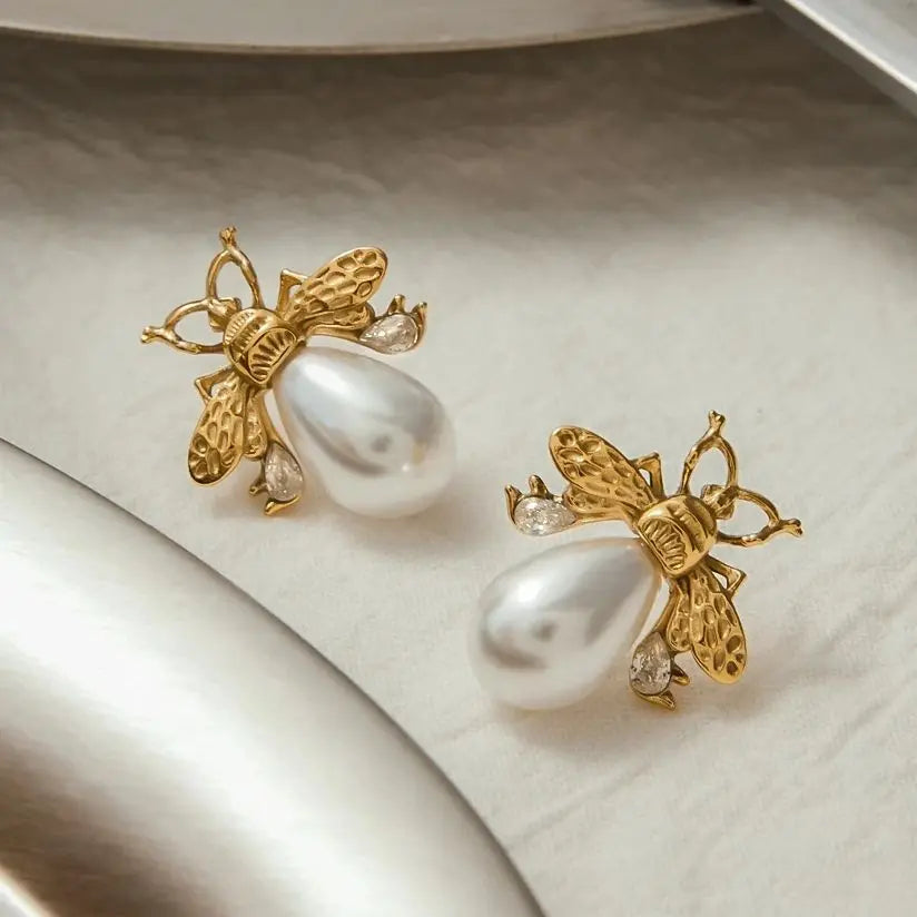 Bee-shaped Pearl & Gemstone Stud Earrings