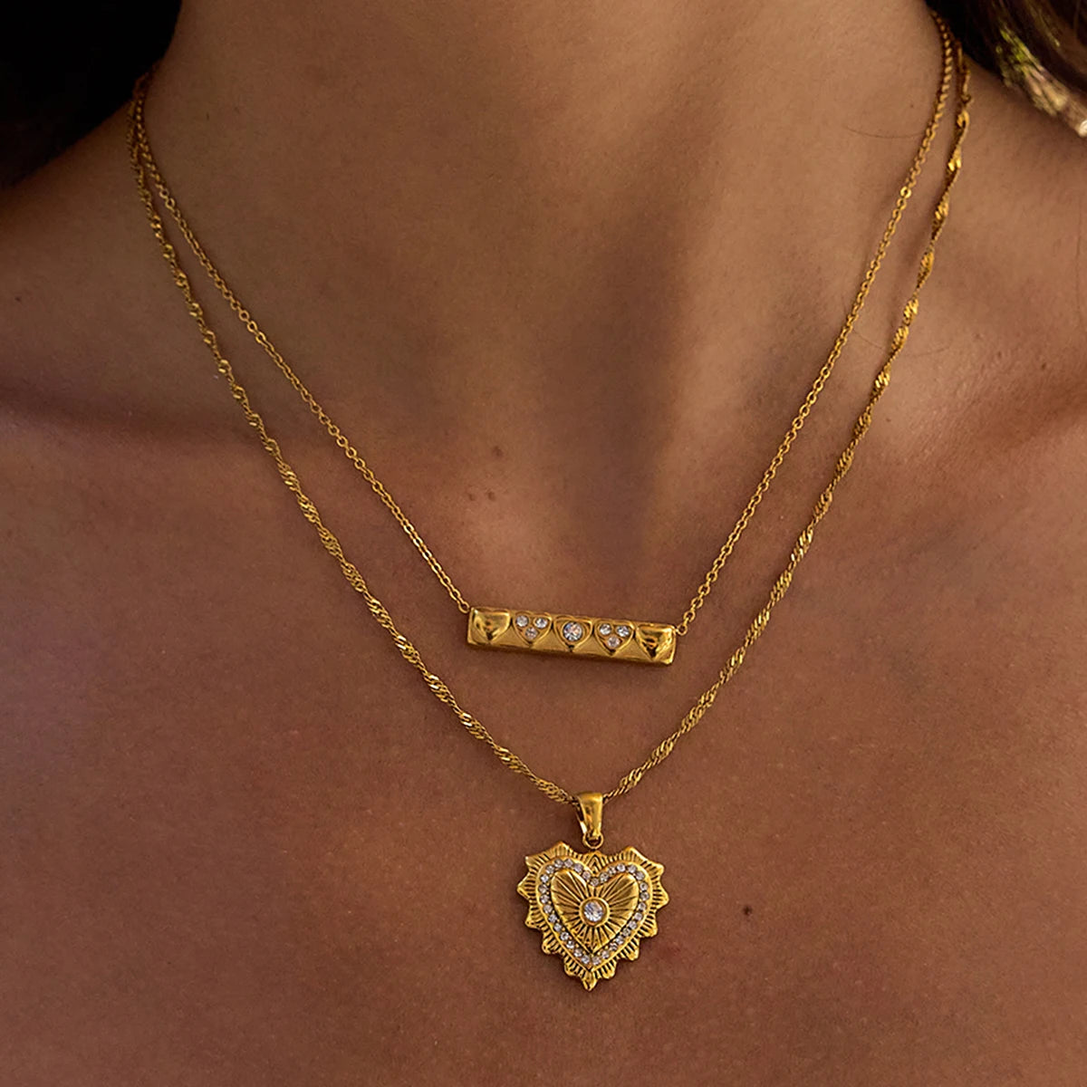 Cubic Zirconia & Bar Heart Necklaces
