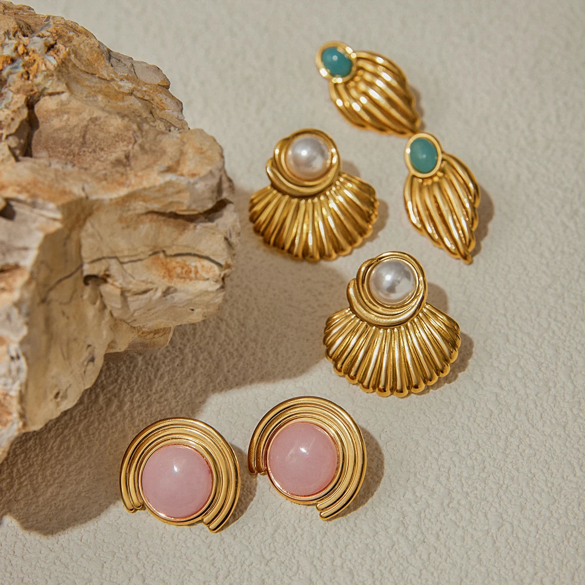 Multicolor Stone & Pearl Stud Earrings