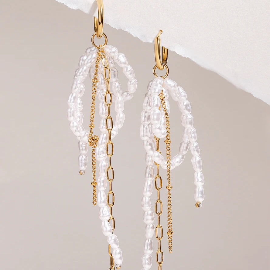 Pearl Bow Tassel Earrings