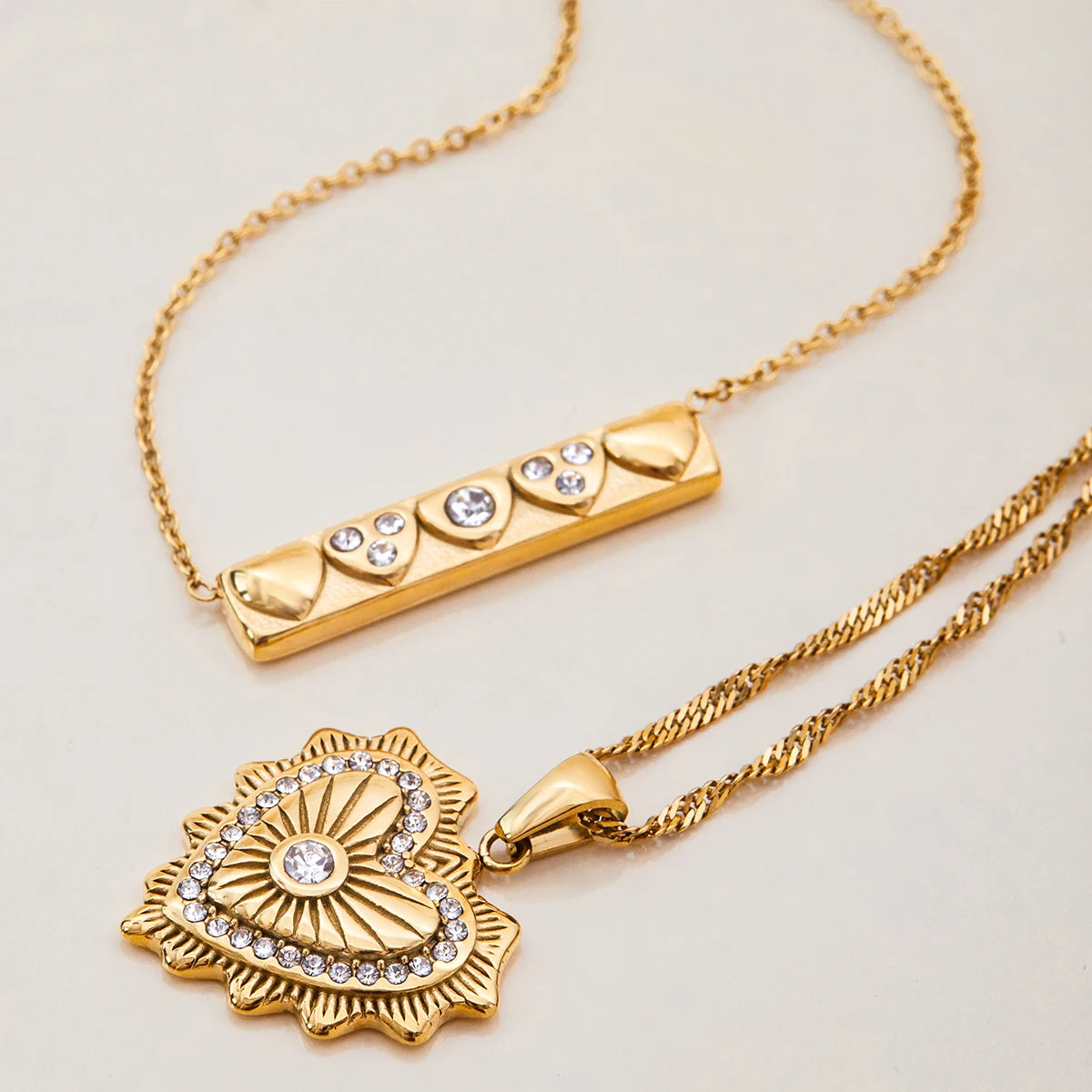 Cubic Zirconia & Bar Heart Necklaces