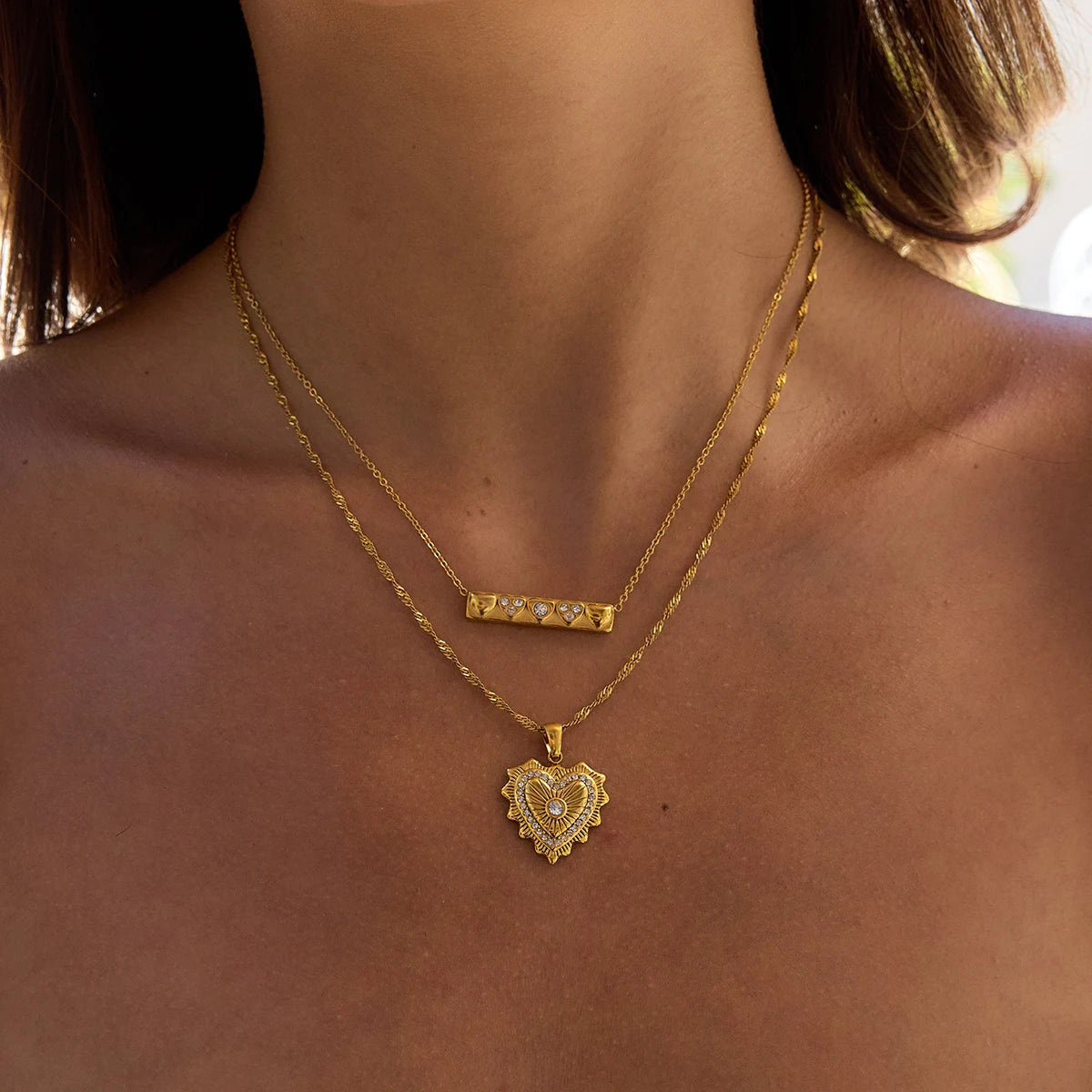 Cubic Zirconia & Bar Heart Necklaces