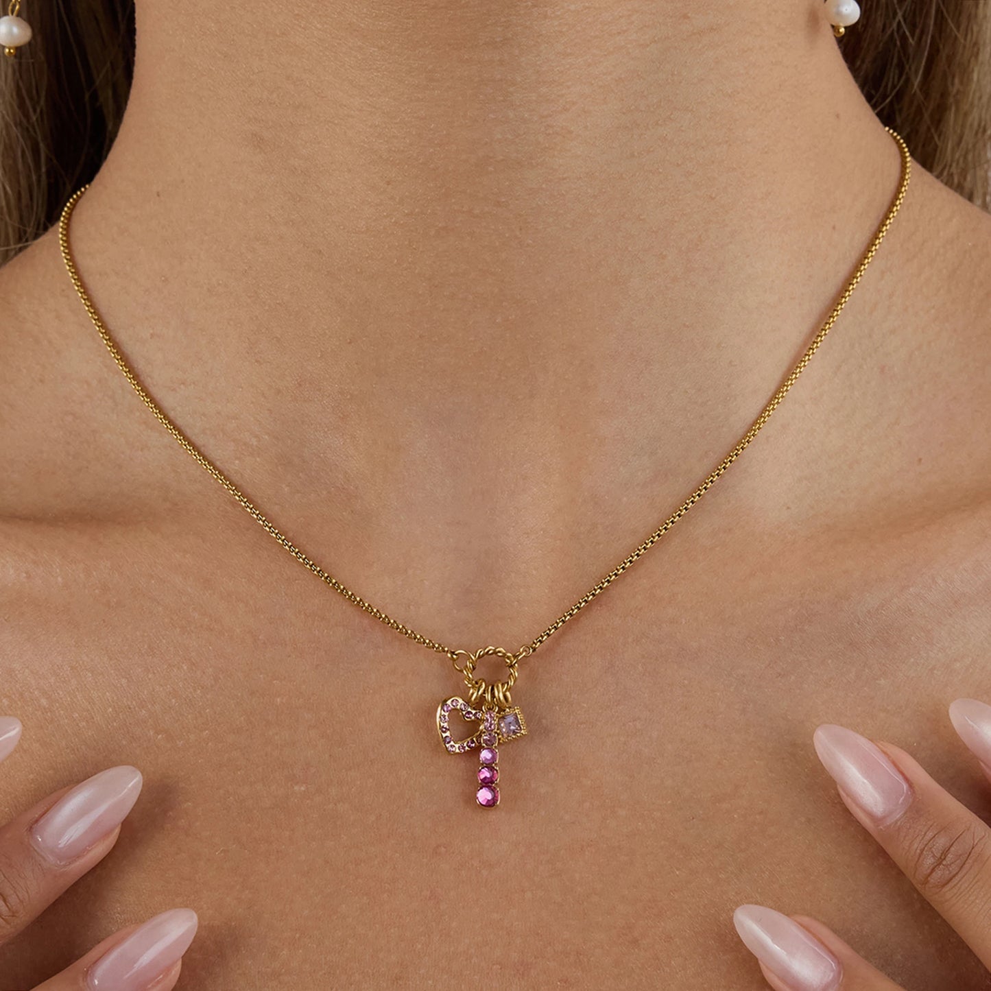 Pink Zirconia Gems Center Charm Necklace