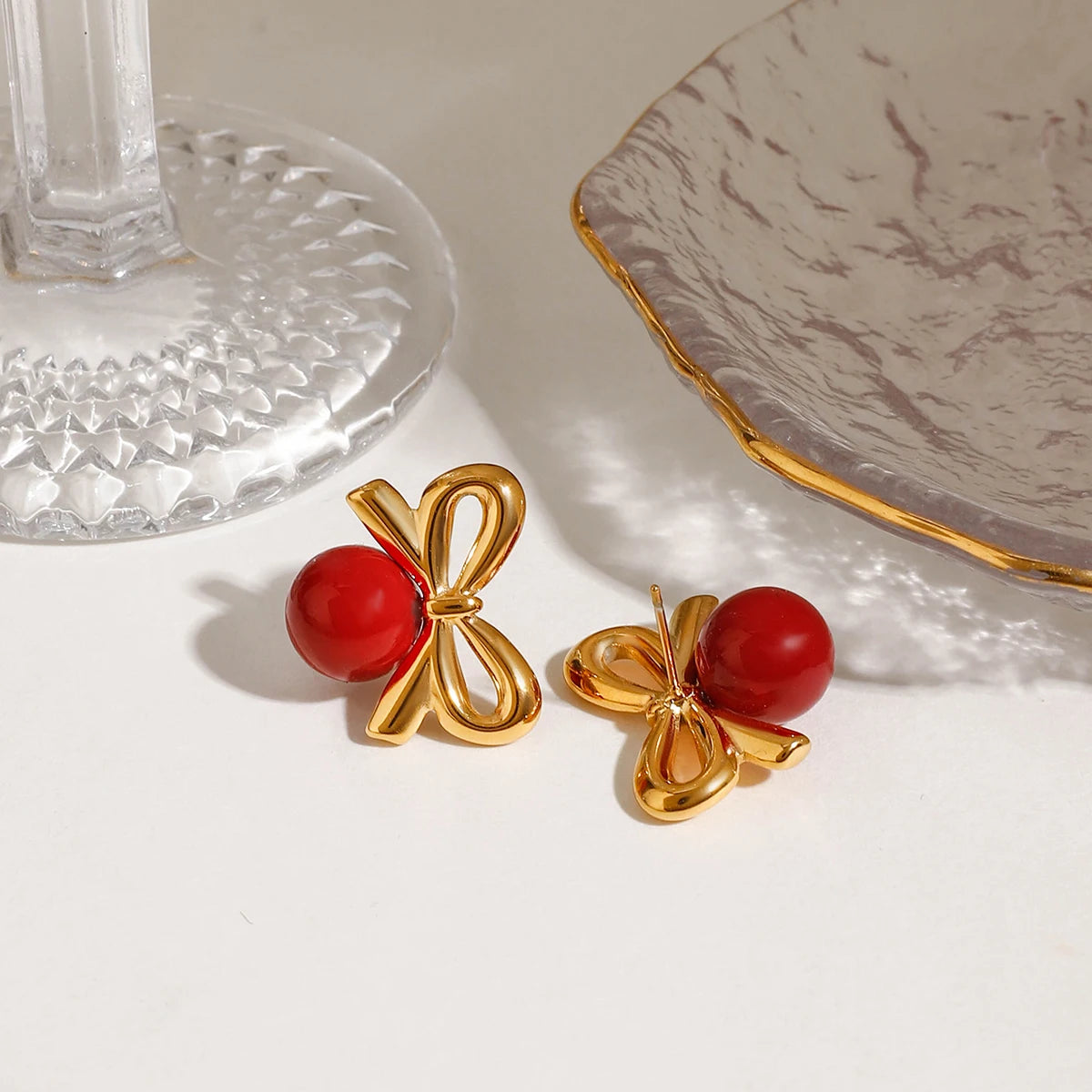 Red Glass Stone Bow Earrings
