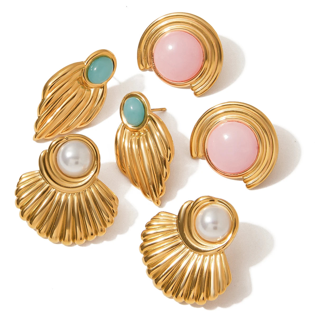 Multicolor Stone & Pearl Stud Earrings