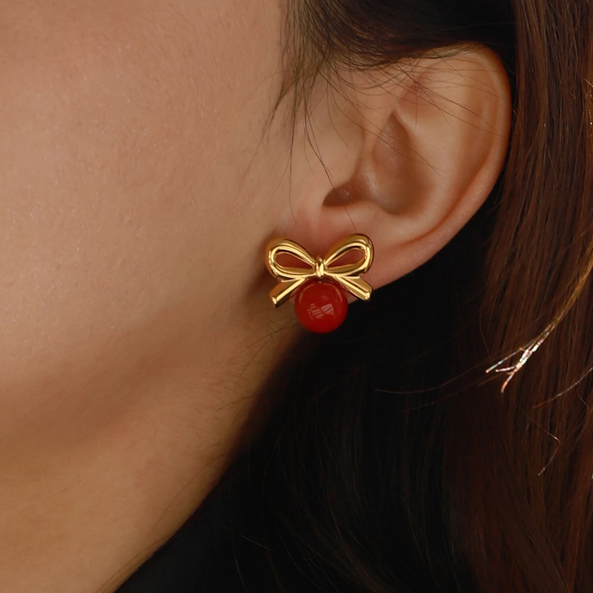 Red Glass Stone Bow Earrings