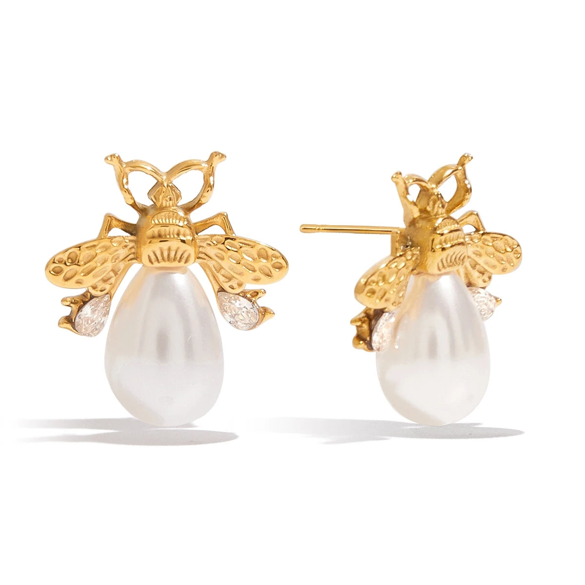 Bee-shaped Pearl & Gemstone Stud Earrings