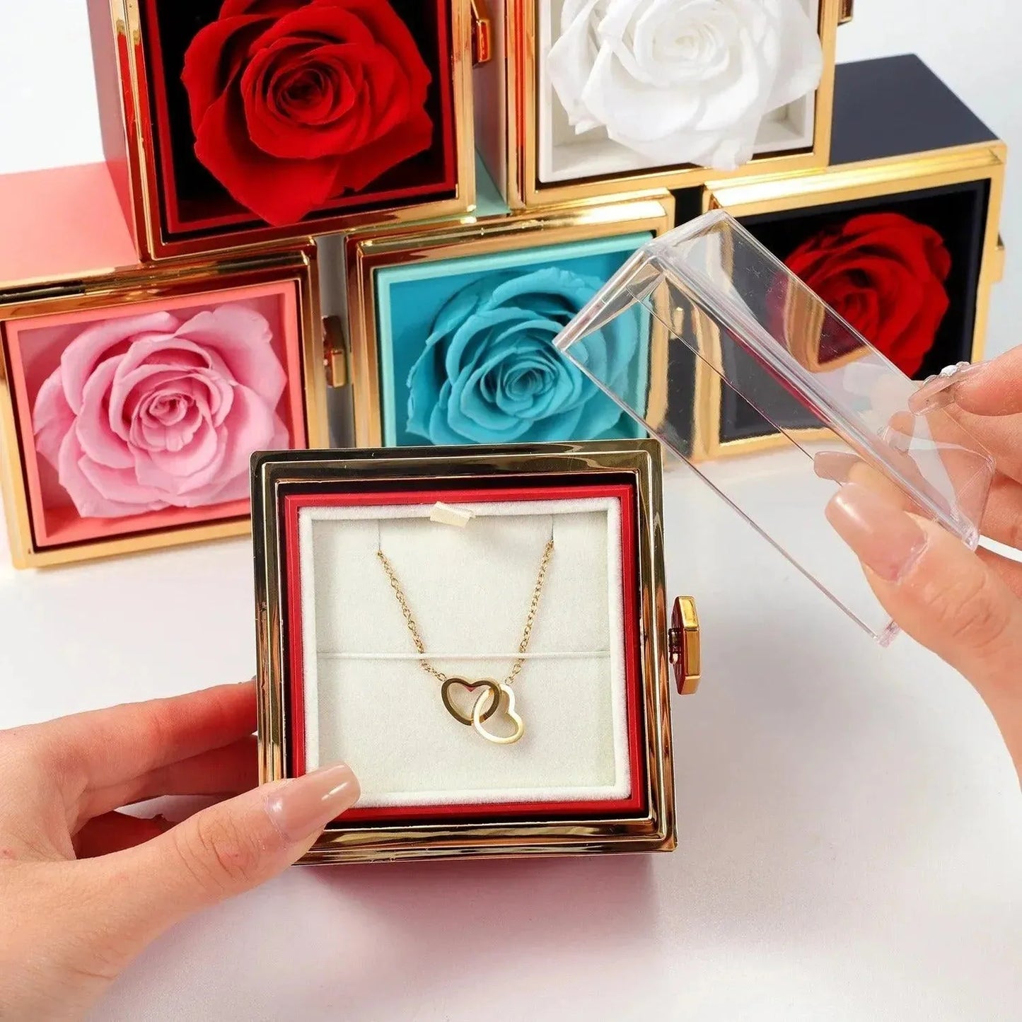 Custom Interlocking Hearts Necklace tucked in Eternal Rose Gift Box - Radiant Memories