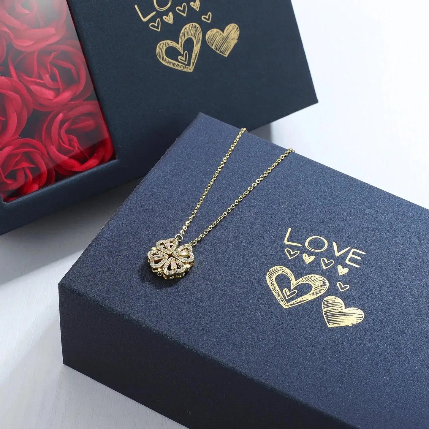 Four Leaf Clover Love Necklace tucked in Eternal Rose Gift Set Box - Radiant Memories