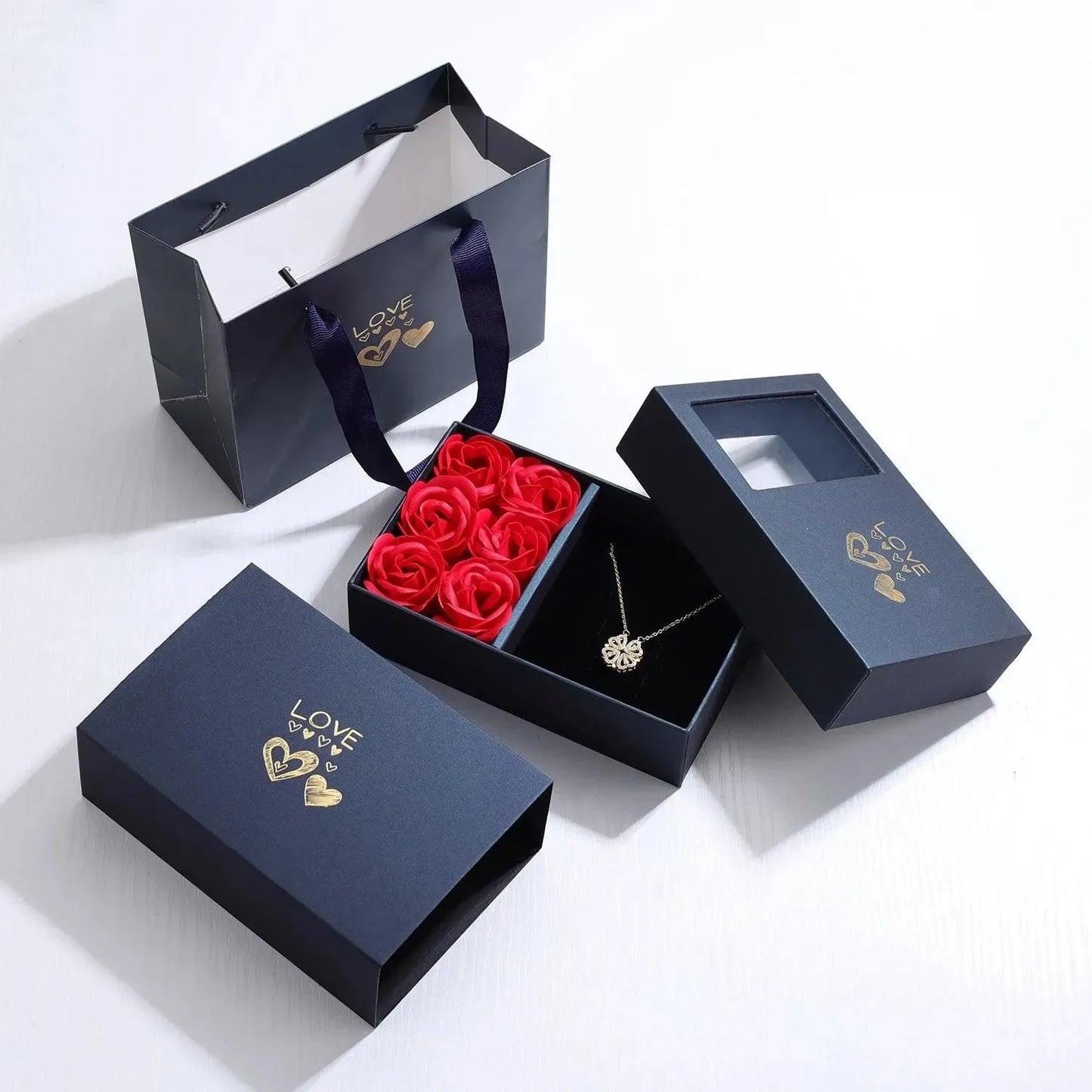 Four Leaf Clover Love Necklace tucked in Eternal Rose Gift Set Box - Radiant Memories