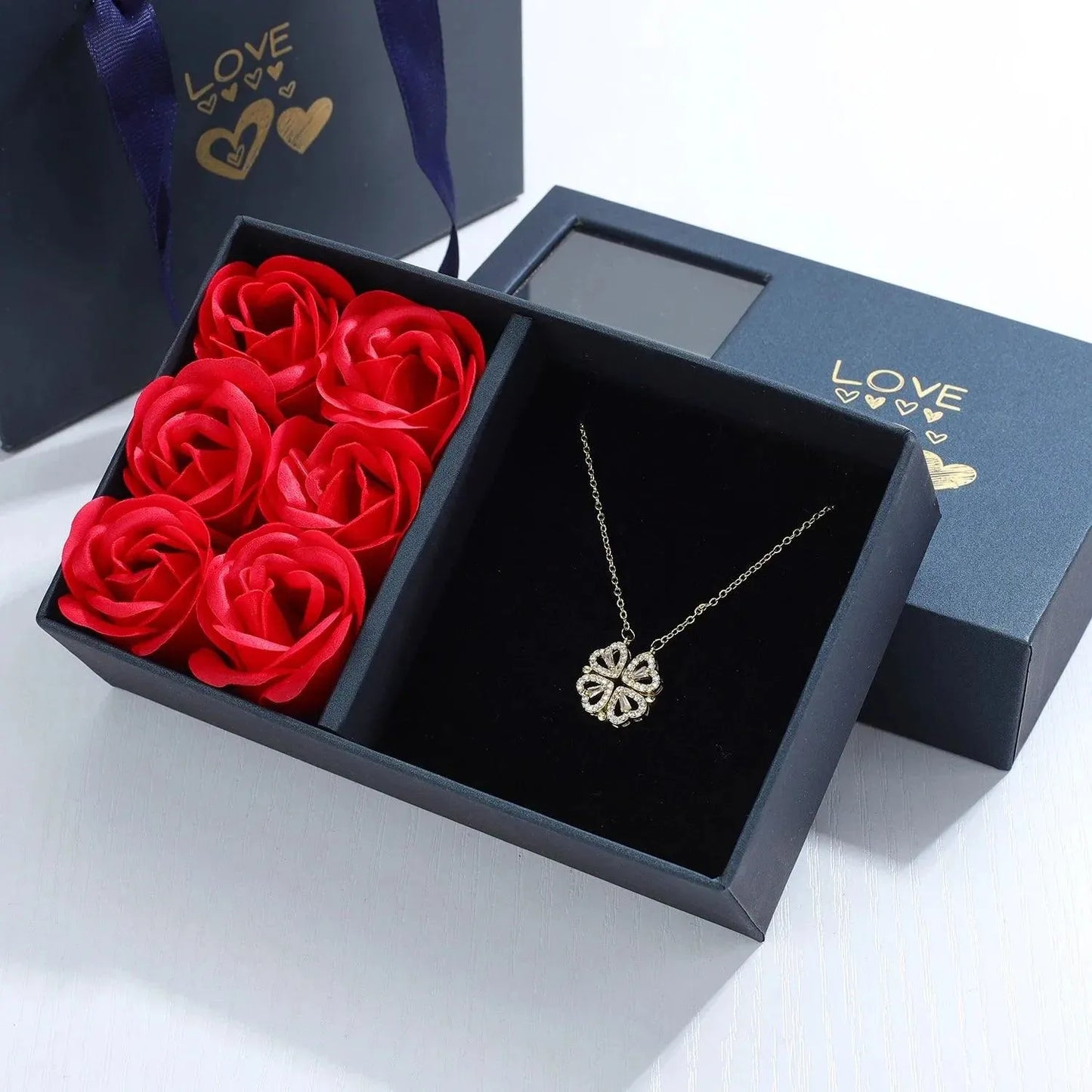 Four Leaf Clover Love Necklace tucked in Eternal Rose Gift Set Box - Radiant Memories