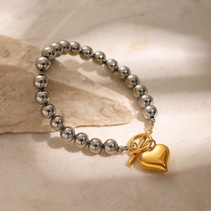 Silver Beads & Golden Heart Charm Bracelet