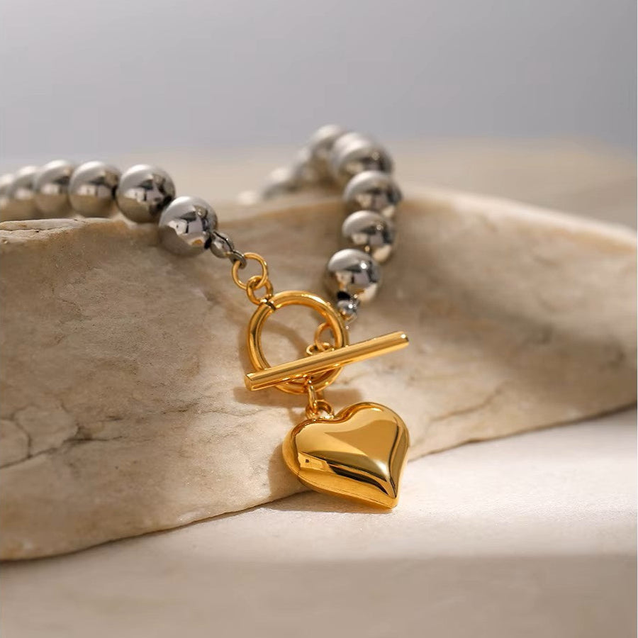 Silver Beads & Golden Heart Charm Bracelet