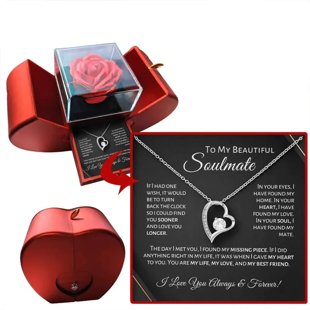Soulmate - Eternal Rose Heart - Shaped Gift Box with Personal Card & Necklace - Radiant Memories