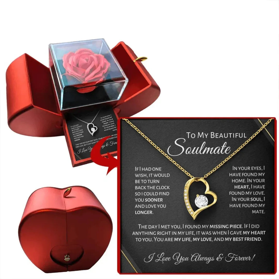 Soulmate - Eternal Rose Heart - Shaped Gift Box with Personal Card & Necklace - Radiant Memories