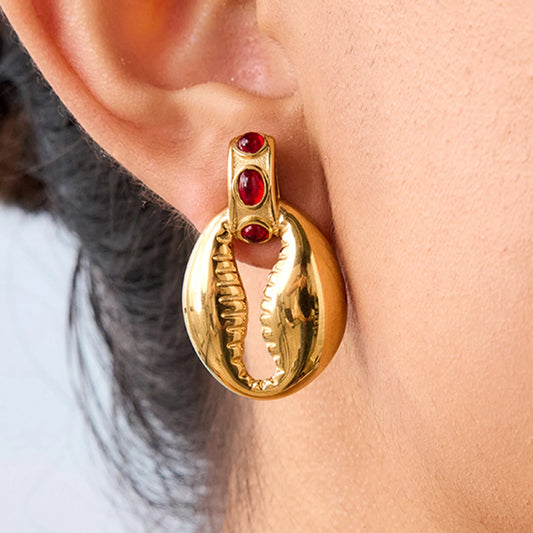 Natural Red Stones & Shells Drop Earrings
