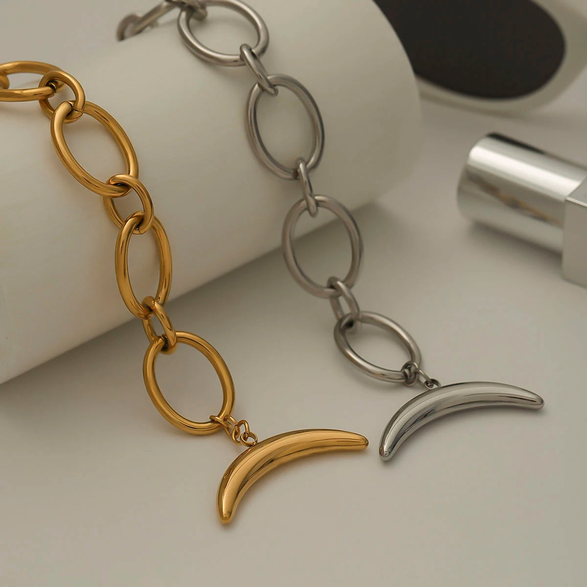 Geometric Moon Crescent Link Chain Bracelet