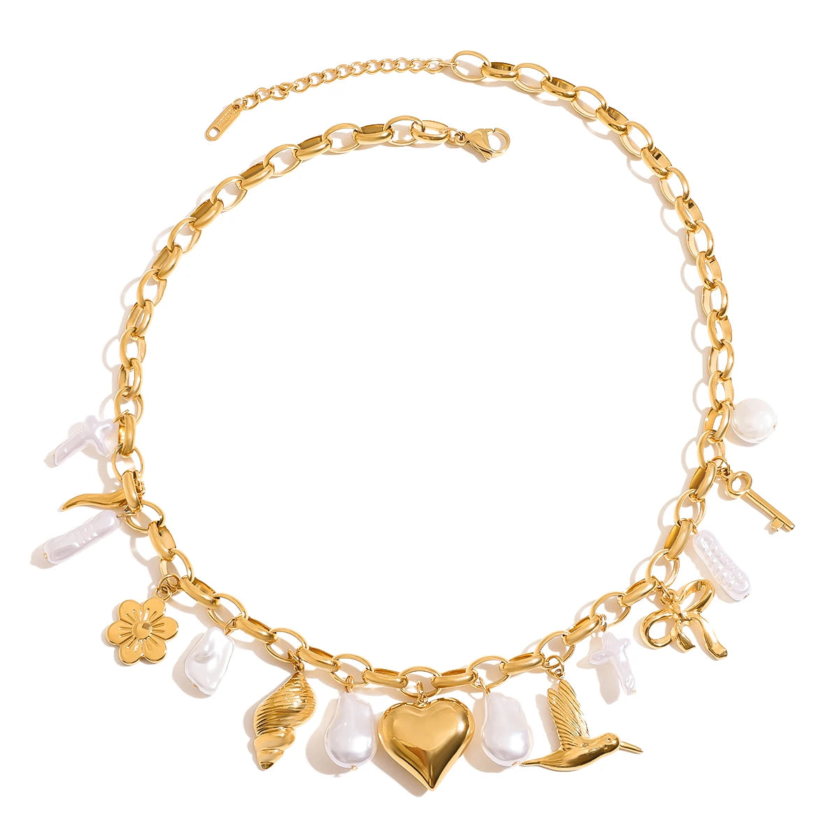 Shells, Pearls & Golden Heart Charm Pendant