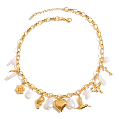 Shells, Pearls & Golden Heart Charm Pendant