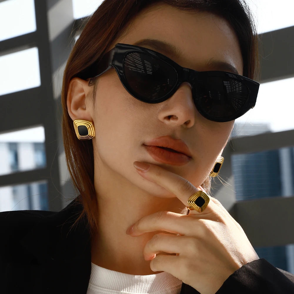 Square Black Oynx Irregular Earrings & Ring Jewelry Set