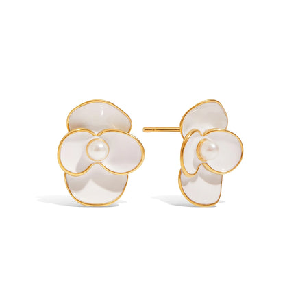 White Flower Petal Pearl Stud Earrings