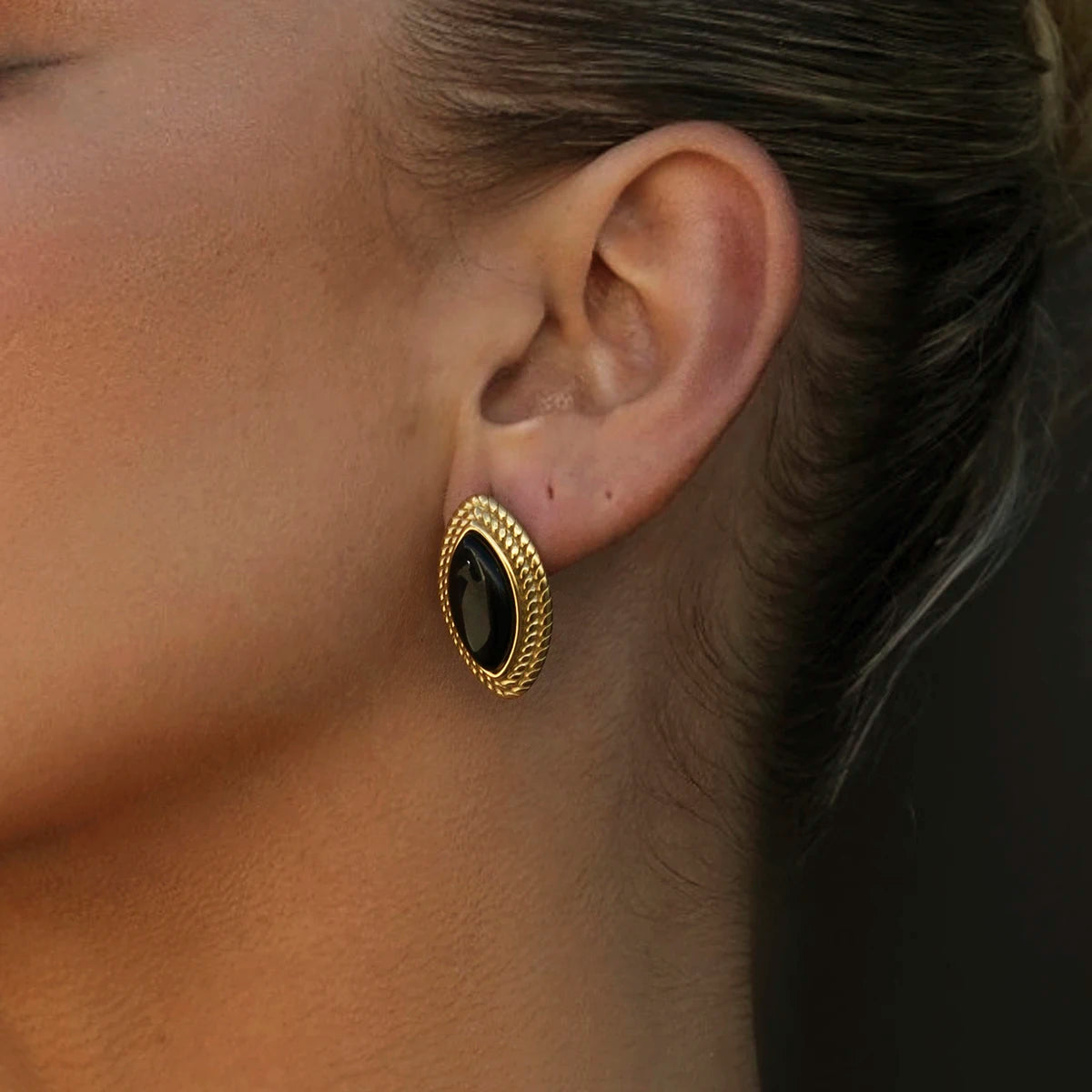 Black Onyx Horse Eye Stud Earrings