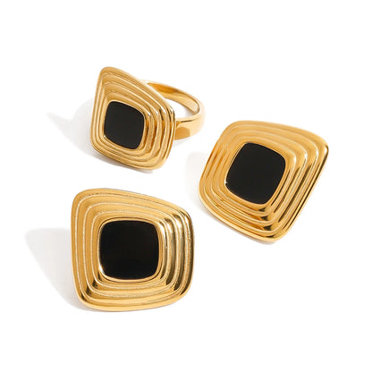 Square Black Oynx Irregular Earrings & Ring Jewelry Set