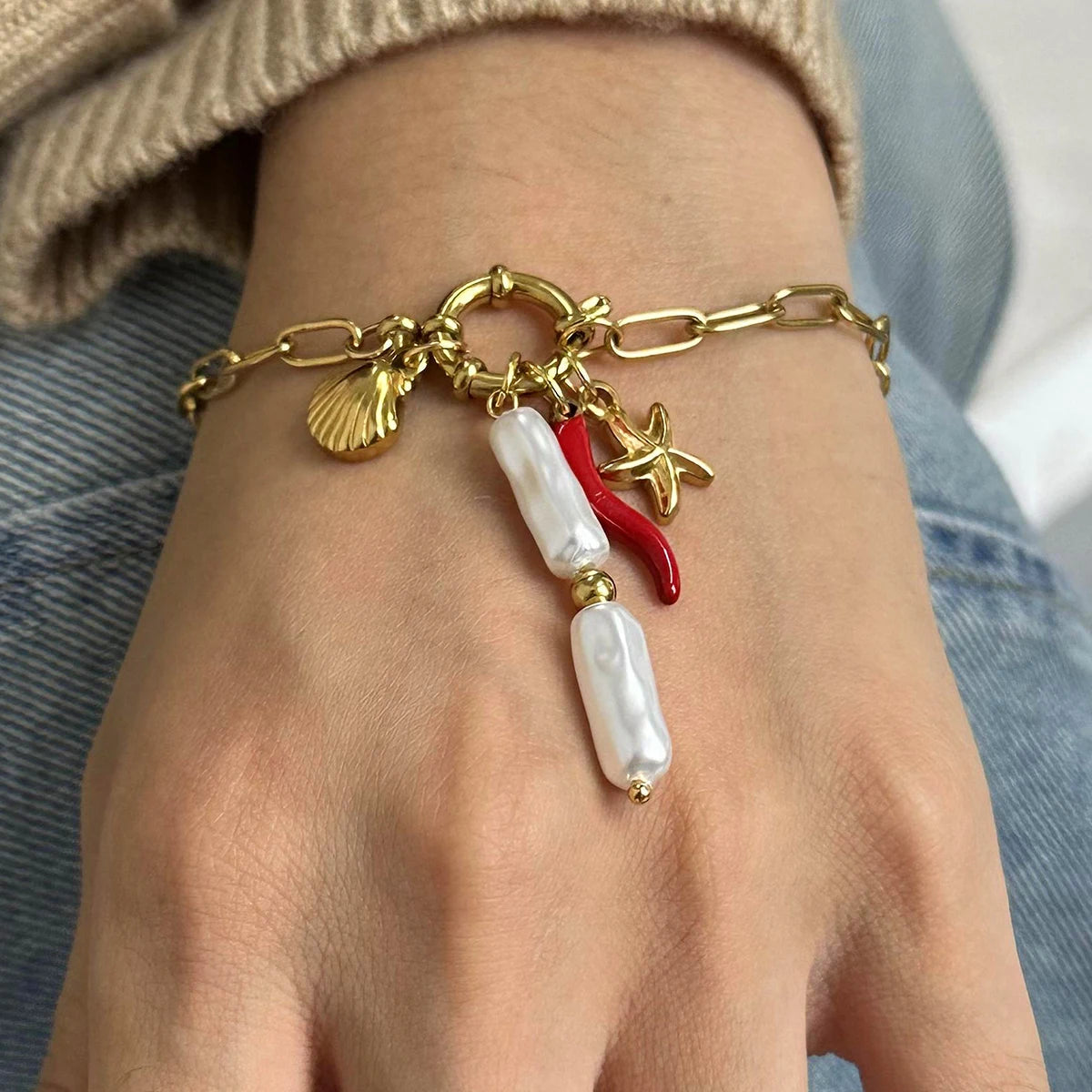 Seashell Starfish Link Chain Bracelet